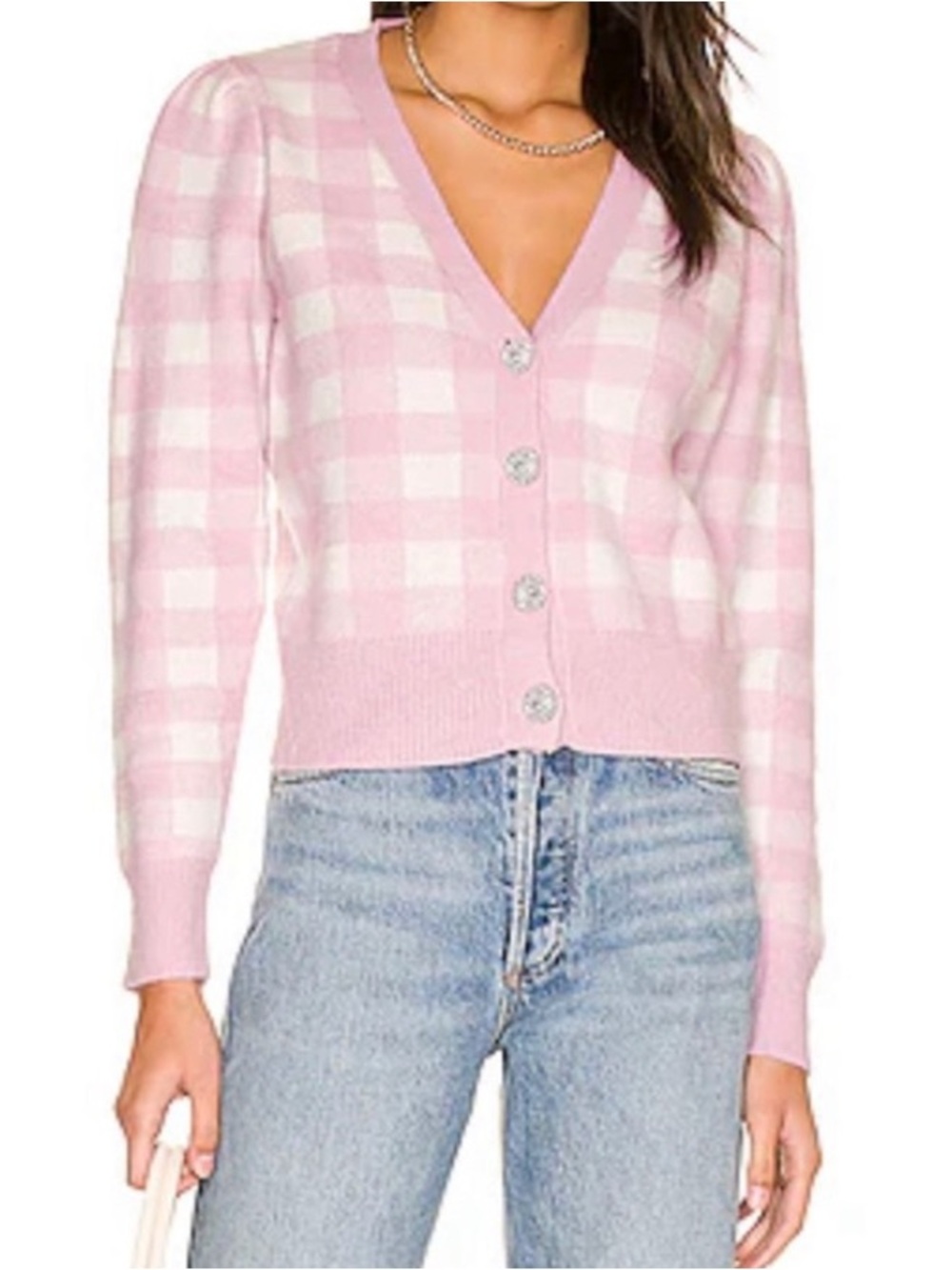 NWT QED London pink and white gingham plaid button-front cardigan jeweled button
